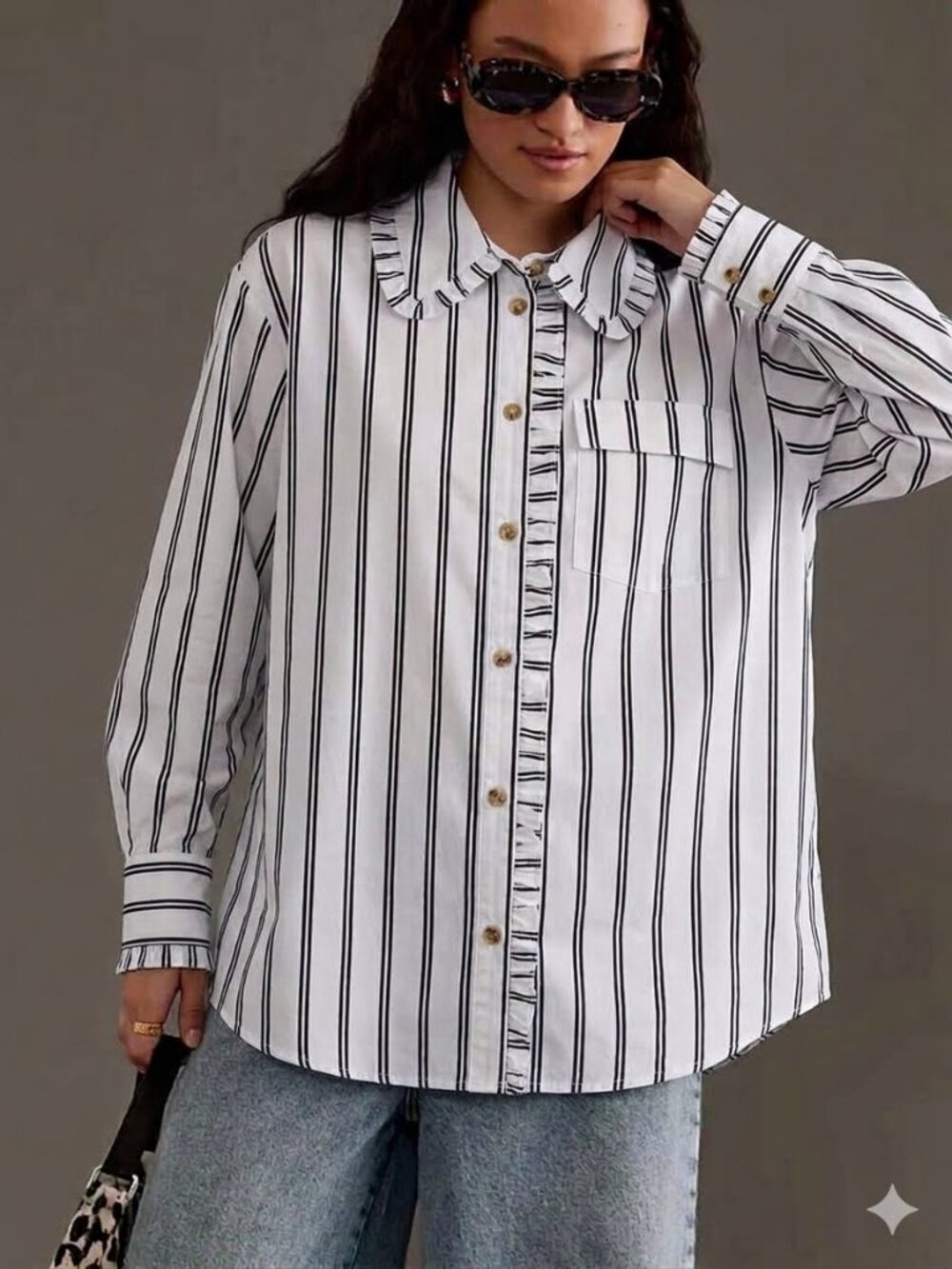 Damson Madder NWOT Kendall Ruffle Black/White Stripe Organic Cotton Shirt Sz 6